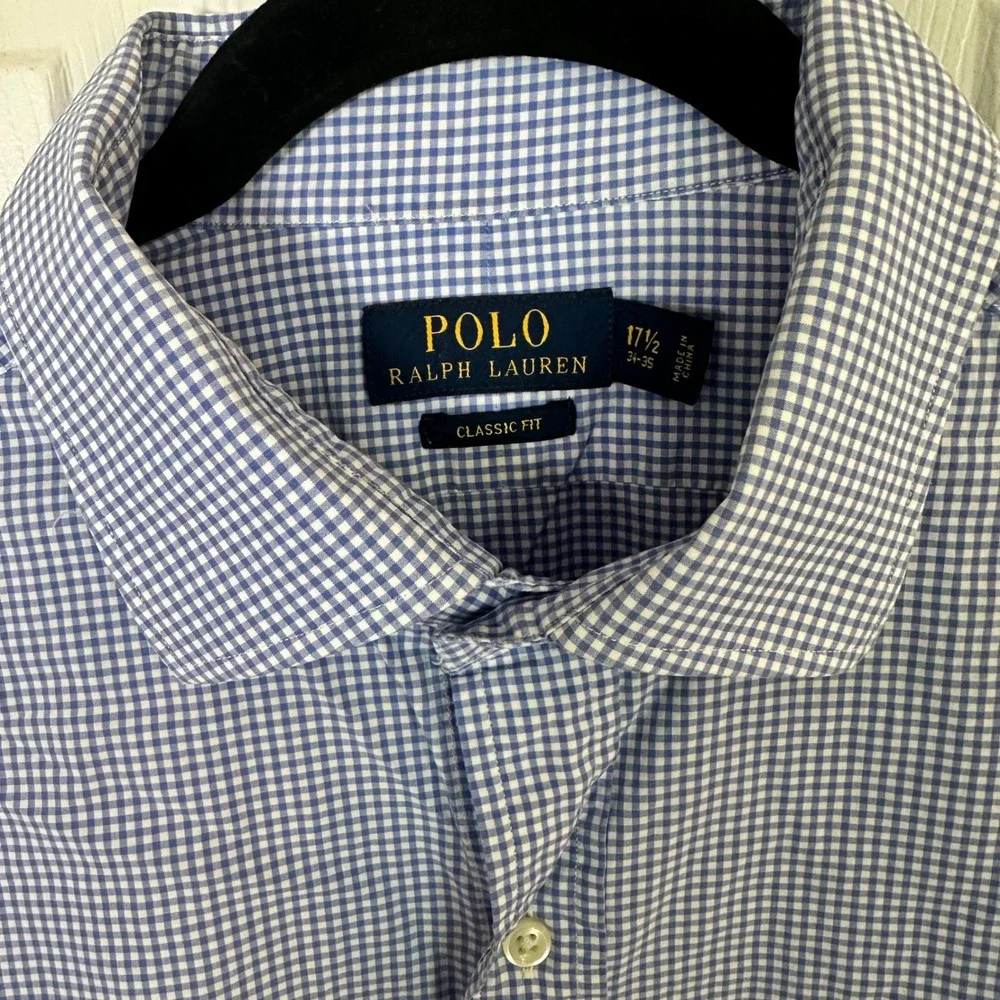 Polo Ralph Lauren Shirt Men 17.5 Blue Gingham Classic Fit Long Sleeve ButtonDown